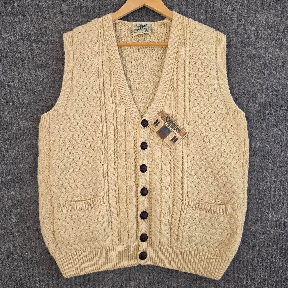 Carraig Donn Vest Mens XL White Aran Cable Knit Wool Sweater Ireland Granpa 90s